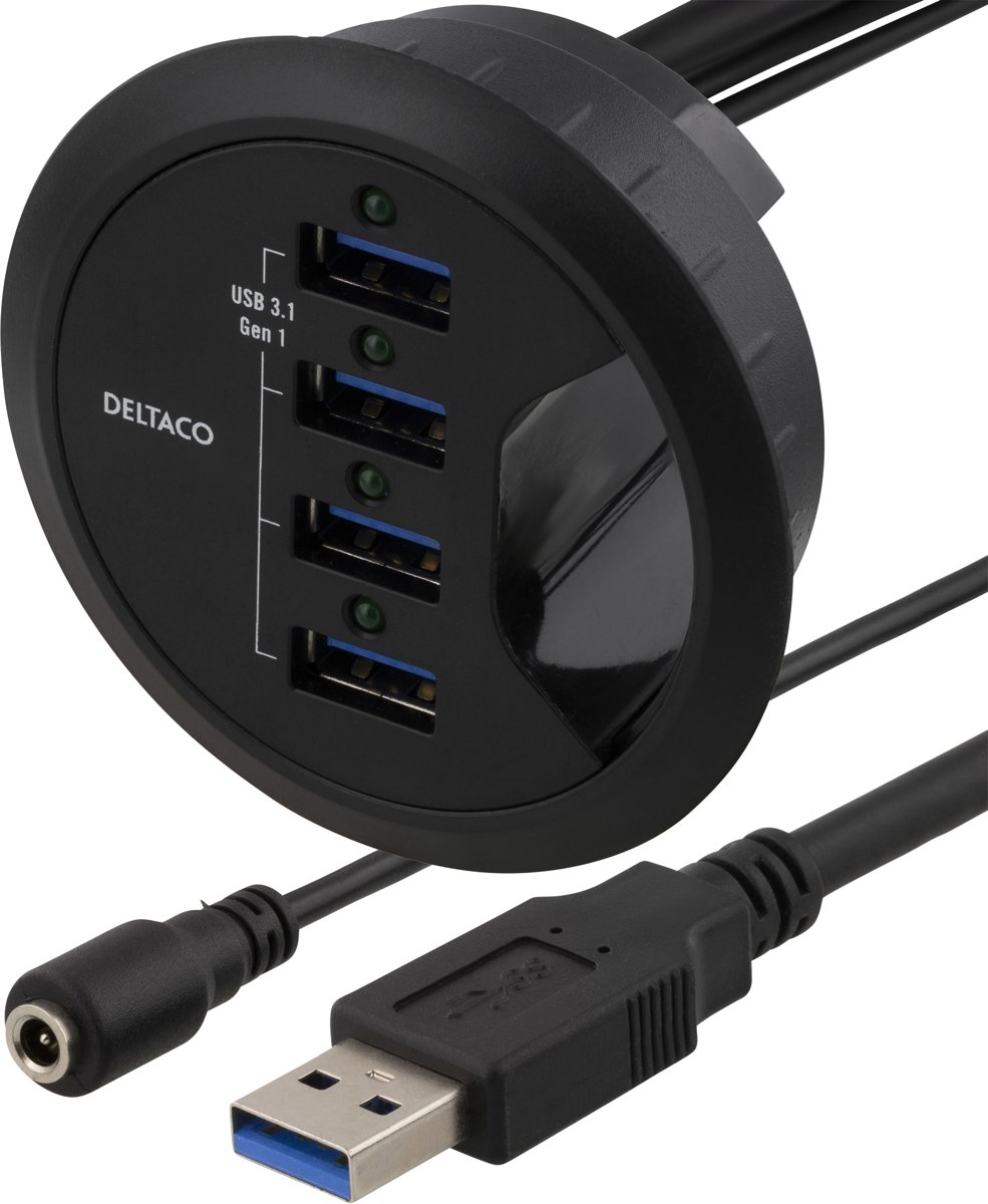 Deltaco VR-814 In-Desk USB HUB, 4 poort USB HUB voor montage in het kabelgat van bureaus voor synchroniseren data en opladen (max. 2.4A), 4 x USB 3.1 excl. voeding