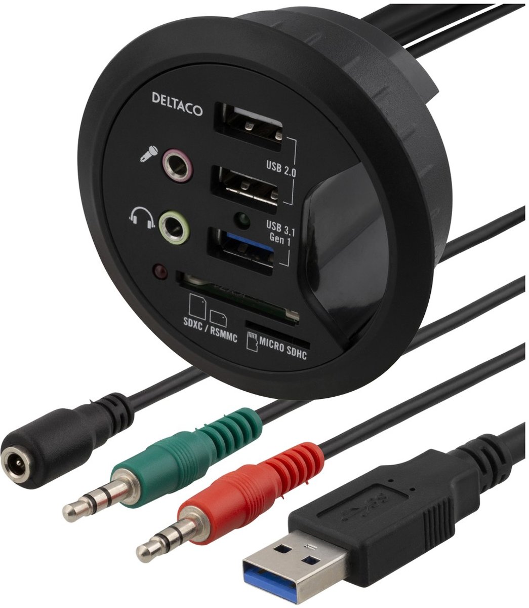 Deltaco VR-819, Desktop USB-hub, 1 x USB-A 3.1 Gen1, 2x USB-A 2.0, 2x3,5mm mini-jack, 2,4a, BC 1.2, 60mm installatie diameter, zwart