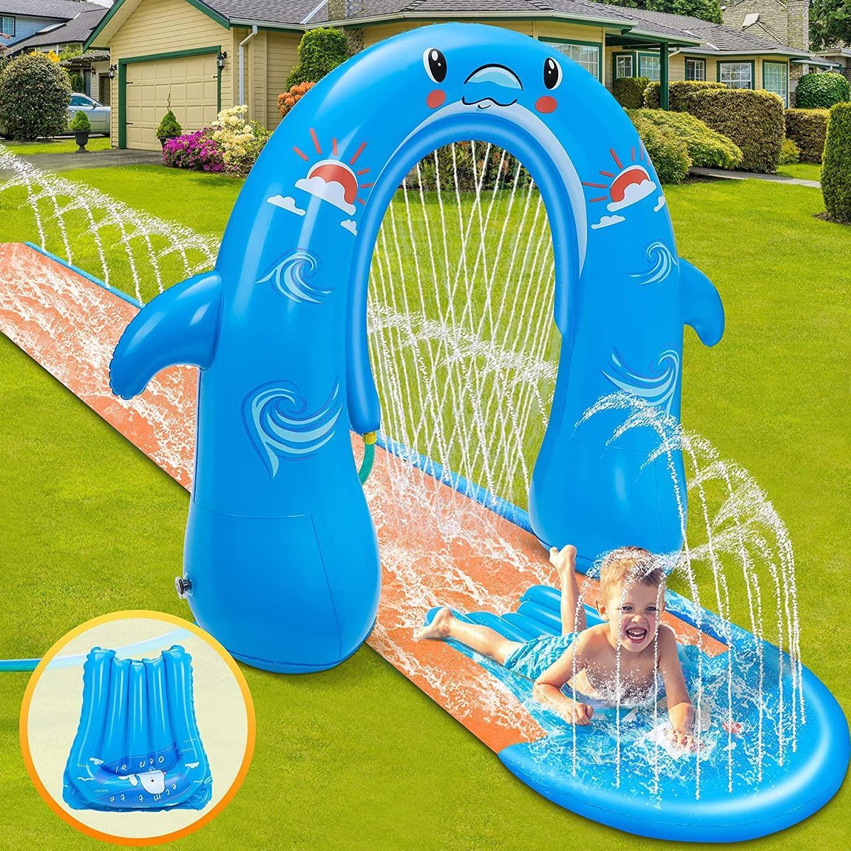 Buikschuiffbaan - Zinaps Water Dias met Bow Sprinkler, 500 x 80 cm Waterglijbaan met 135 cm Water Feature Sprinkler Bodyborden, Duurzaam PVC Materiaal Waterwegen Water Toy voor Outdoor Gazon Tuin Kinderen- (WK 02127)