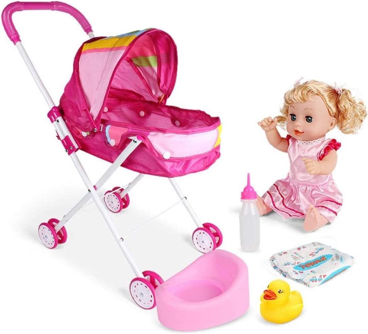 poppenwagen -ZINAPS® Set 4 Babydoll Foldable Pram Gift Set met Baby Doll Cartoon Print Ontwerp Baby Walker met Gift voor Poppen (Rainbow Car) Praktisch & Utilities