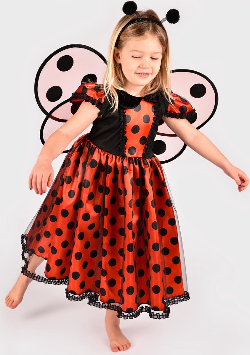 Den Goda Fen Verkleedkledij Lieveheersbeestje - Jurk, vleugels en hoofdband - 98-104cm - 2-4 jaar - Rood/Zwart