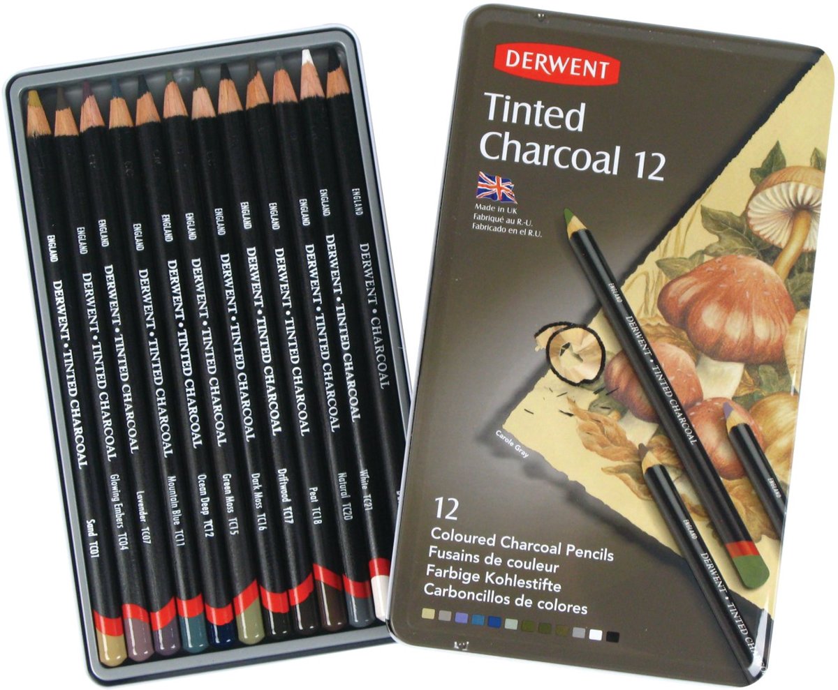 Derwent Tinted Charcoal 12 houtskoolpotloden in blik