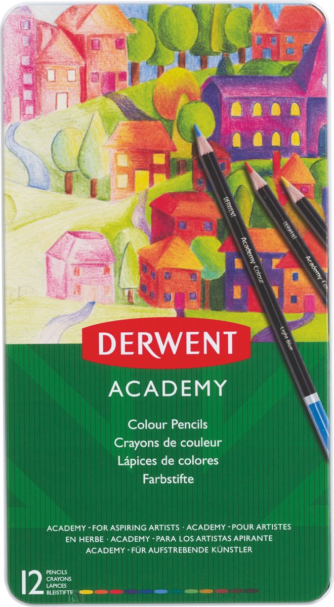 Derwent kleurpotlood Academy , blik van 12 stuks in geassorteerde kleuren