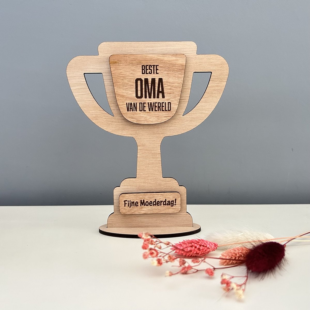 Design407 - Trofee Beste Oma - 18 x 15 cm - Beker - Kampioen - Hout - Houten Decoratie - Grootmoeder - Cadeau voor Haar - Verjaardag cadeau - Gift - Cadeautje - Moederdag cadeautje - Cadeau voor oma - Moederdag