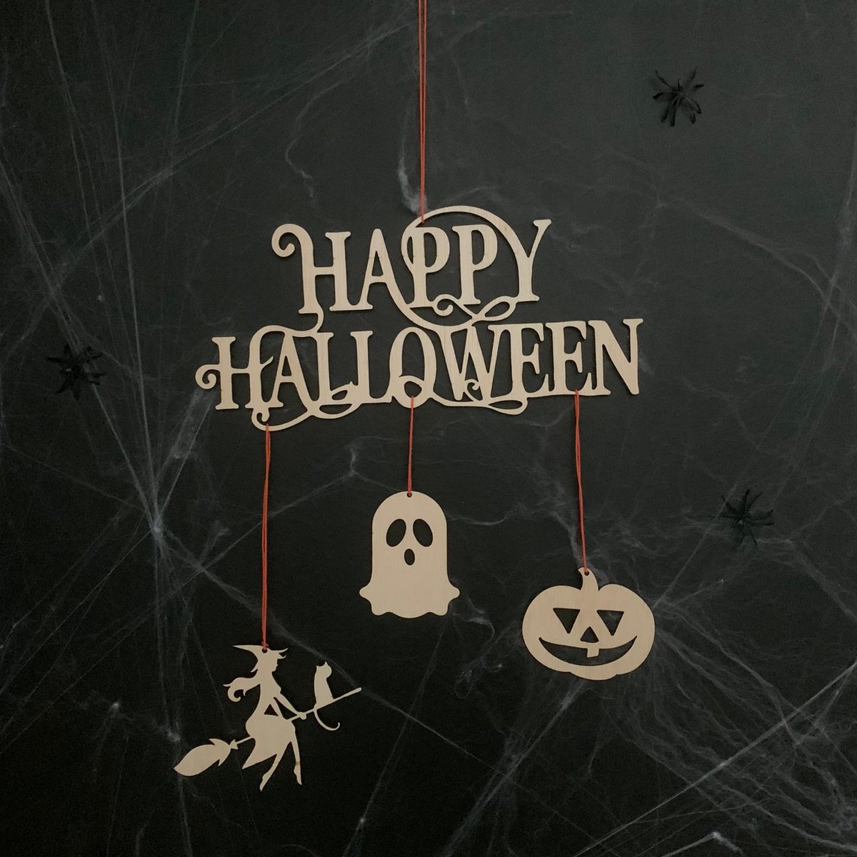 Happy Halloween Mobiel - Halloween - Houten Decoratie - Feestdecoratie - Hout - Heks - Pompoen - Spook - Halloween decoratie - Halloween versiering