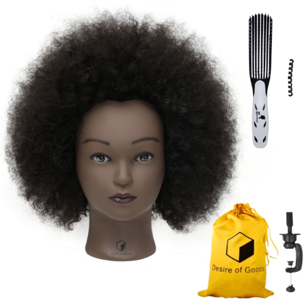   Afro oefenhoofd kappershoofd -   voor meisjes - Donkerbruin haar - Met anti klit haarborstel en tafelklem - Echt haar - 40 cm