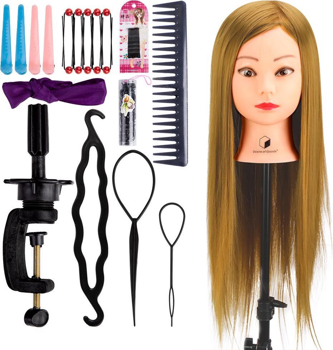  ® Professioneel Oefenhoofd Kappershoofd Donkerblond - Statief & Styling Accessoires - Kappop -   - 70 cm
