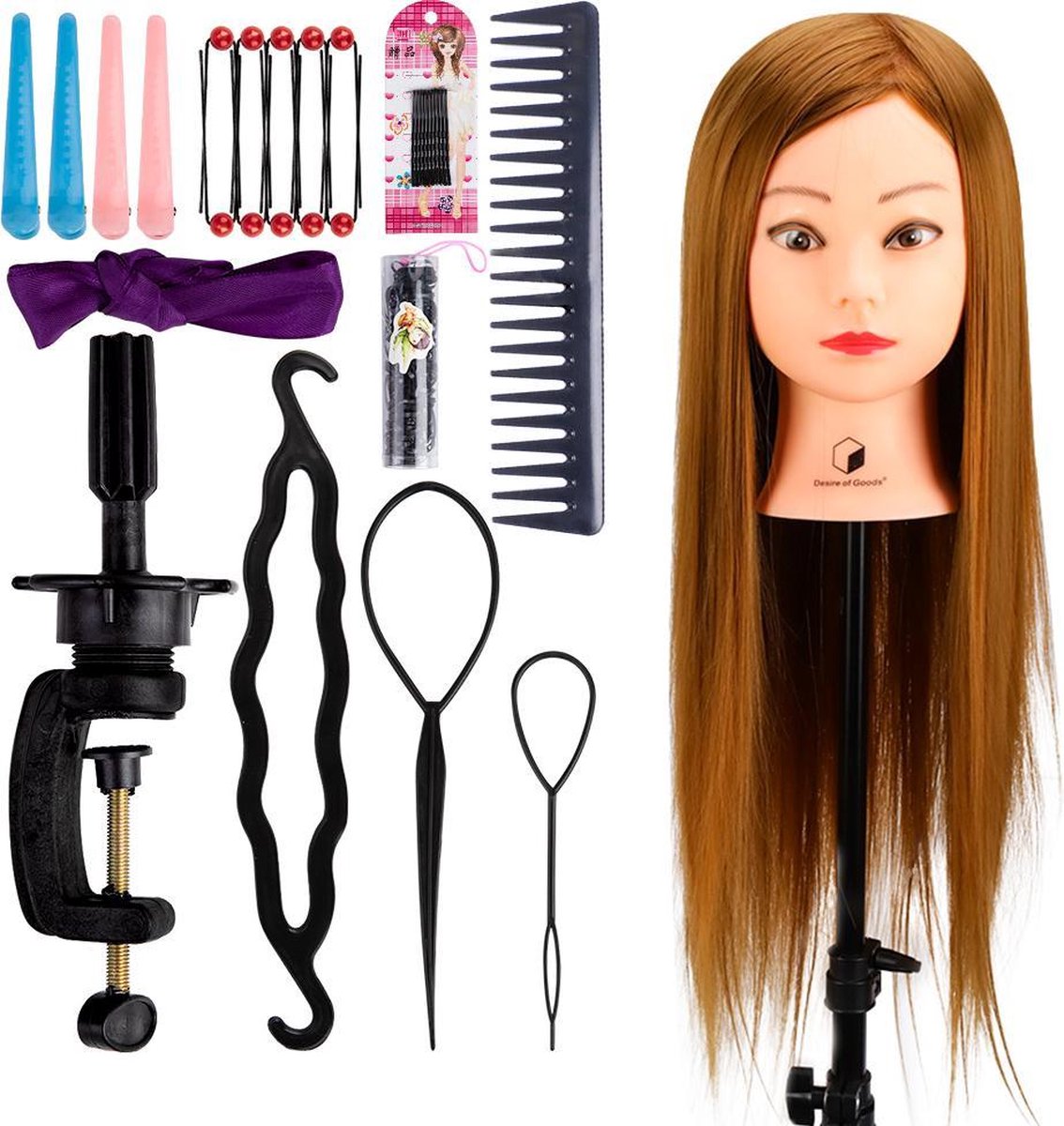  ® Professioneel Oefenhoofd Kappershoofd Goudbruin - Statief & Styling Accessoires - Kappop -   - 70 cm