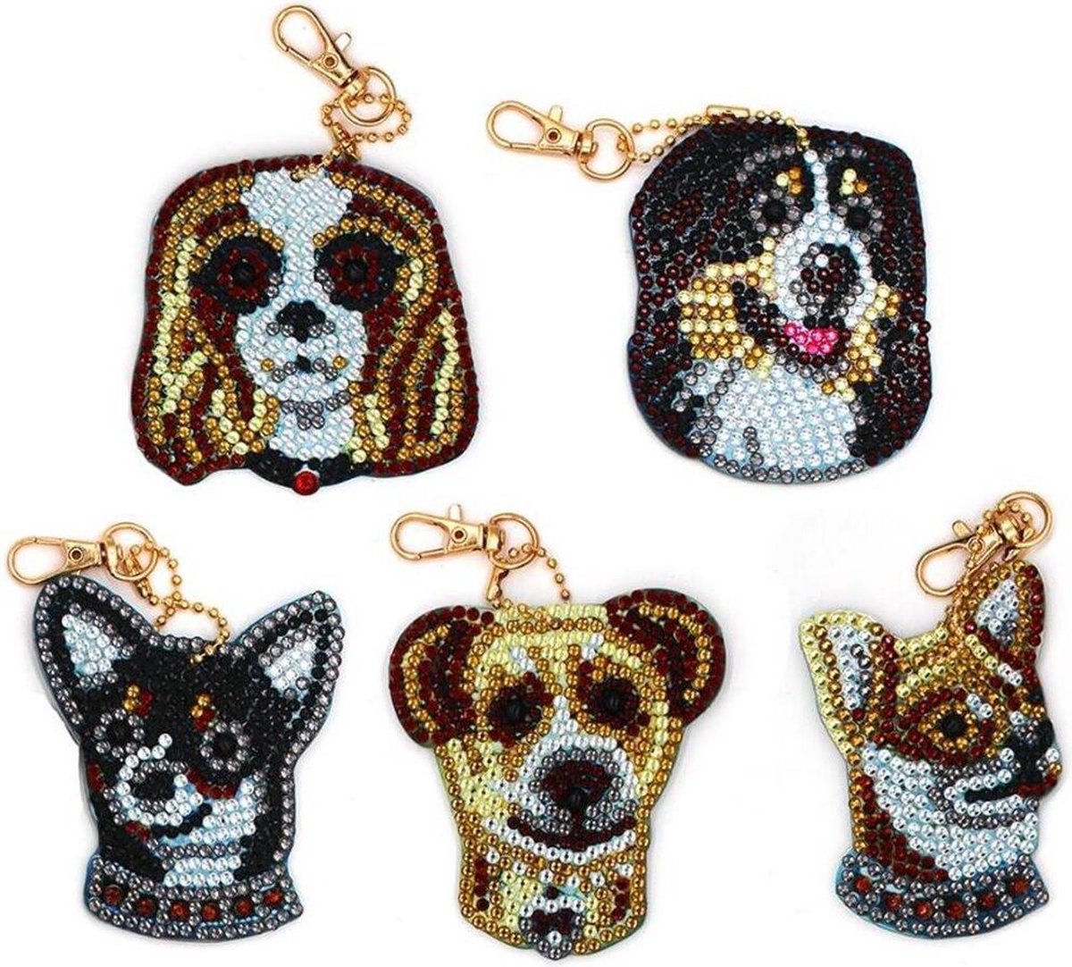 Diamond Painting Sleutelhangers Set Honden - 5 Stuks - Geheel te beplakken - Hobbypakket