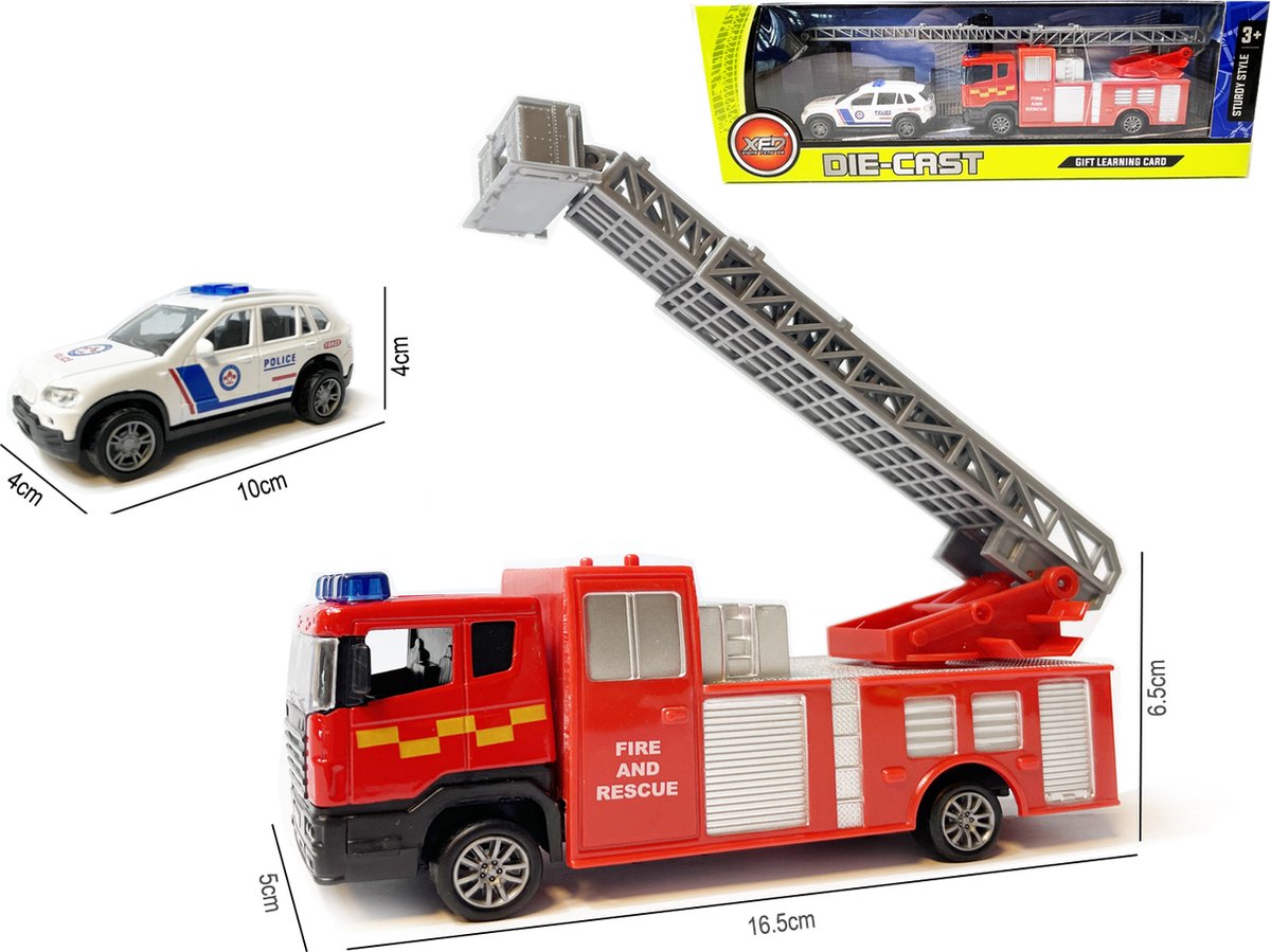 Brandweerwagen + politie auto speelgoed set 2stuks - Die Cast voertuigen Gift pack 2in1 - pull-back drive