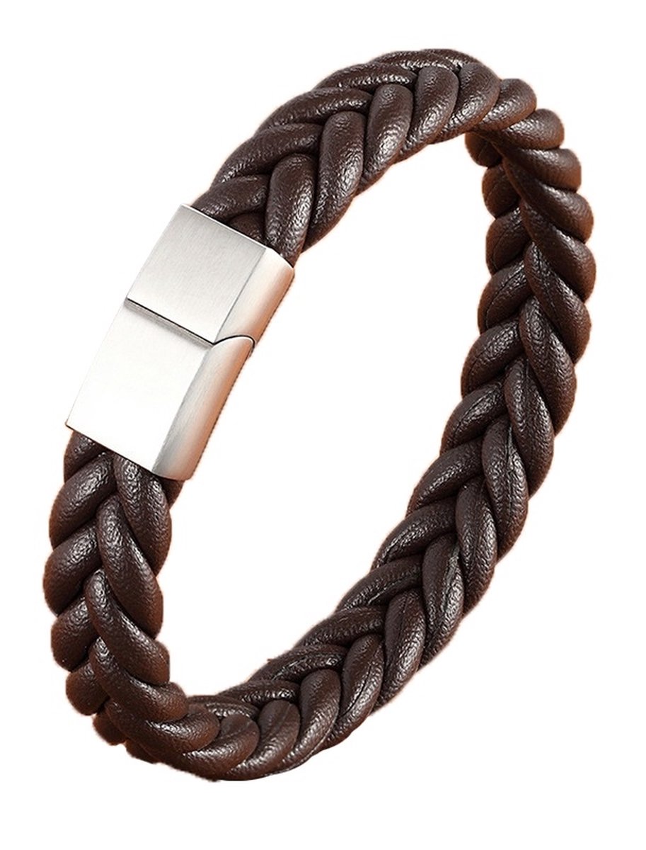 Dielay - Armband Heren - Gevlochten Leer - RVS Sluiting - 21 cm - Bruin en Zilverkleurig