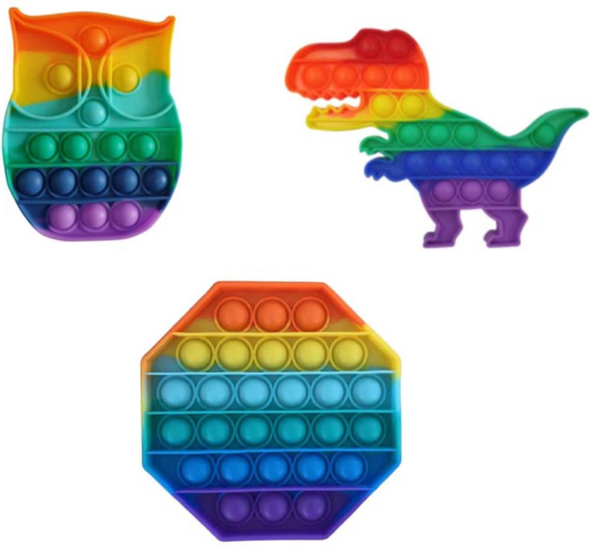 Pop It pakket - Uil, Dino en Achthoek Regenboog 3 in 1 set