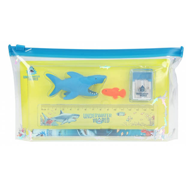 Dino World schrijfset Underwater 15 cm transparant/blauw 6-delig