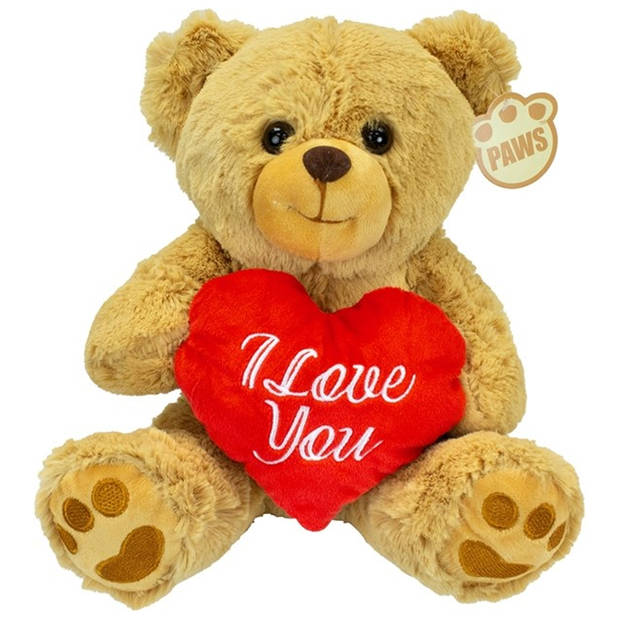 Valentijn I Love You knuffel beertje - zachte pluche - rood hartje - cadeau - 26 cm - lichtbruin - Knuffelberen