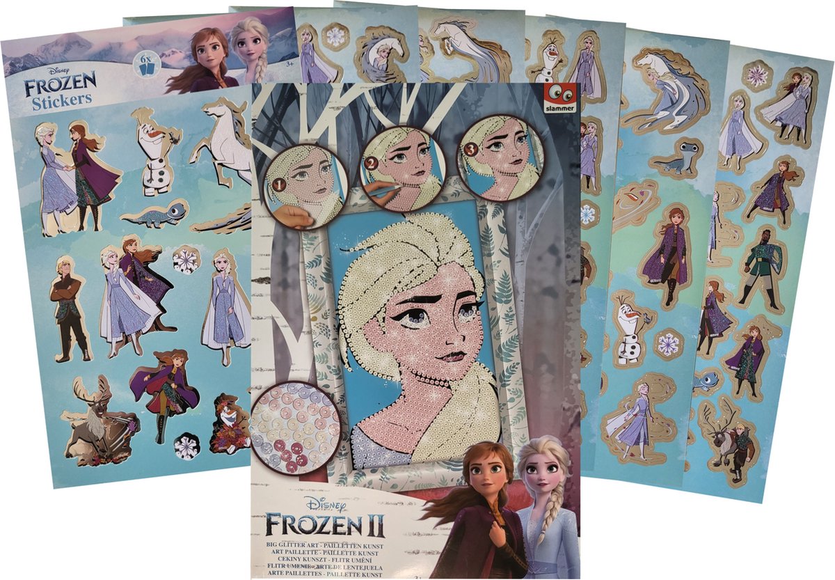 Disney Frozen - Diamond painting -  big glitter art - pailletten kunst - met 6 stickervellen - incl. zelf te vouwen fotolijst, opbergzakjes, sorteerbakje, aanbrengpen, lijm en handleiding - Elsa