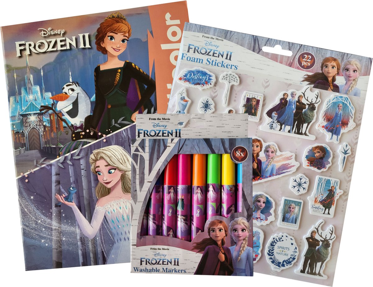 Disney Frozen - Kleurboek - 32 paginas - 32 kleurplaten - met 8 uitwasbare stiften en 22 foam stickers - Oranje - Elsa - Anna - Olaf - prinsessen - knutselen - Frozen 2 - cadeau