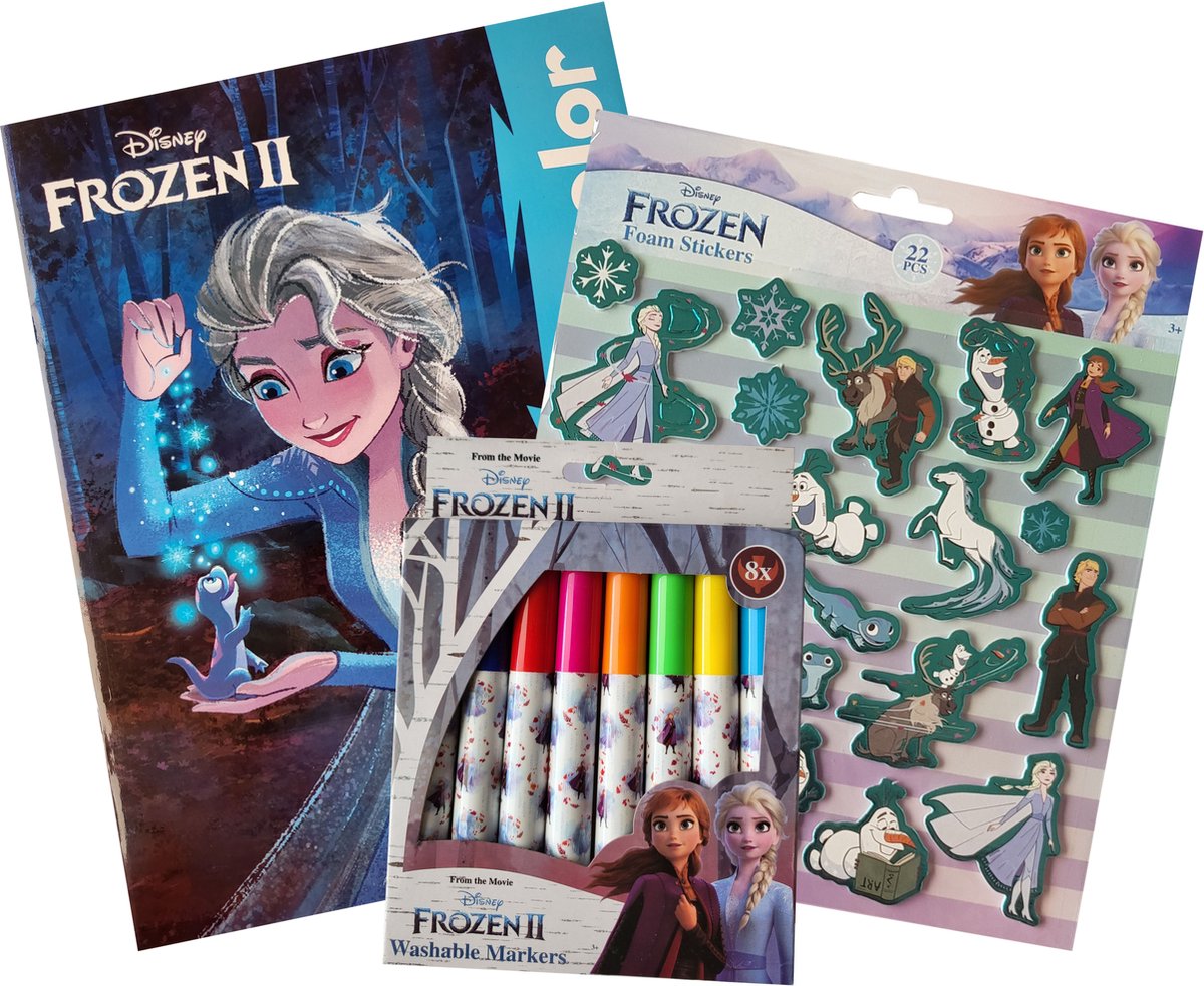 Disney Frozen - Kleurboek met 27 kleurplaten - met 8 uitwasbare stiften en 22 foam stickers - blauw - Elsa - prinsessen - knutselen - Frozen 2 - cadeau