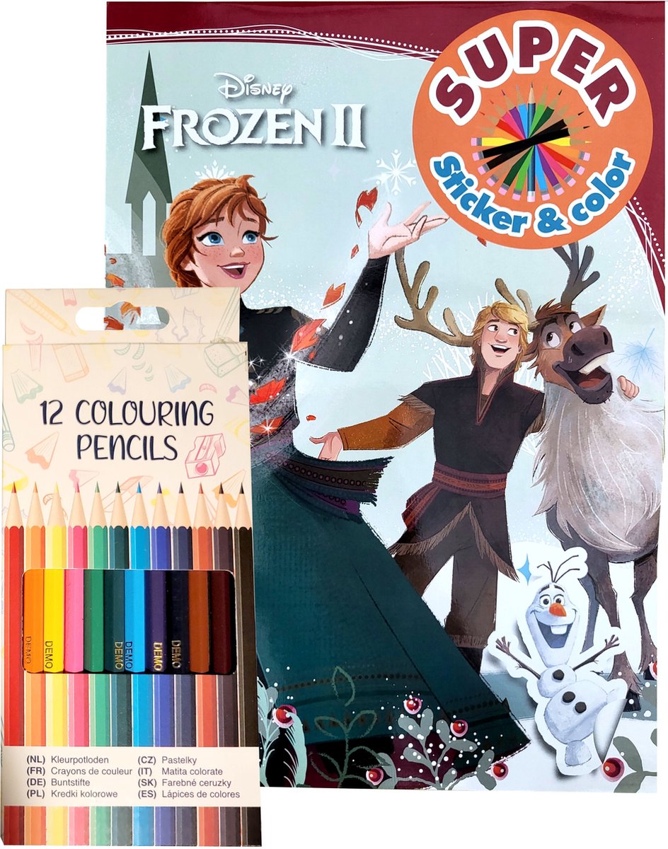 Disney Frozen - kleurboek - 16 kleurplaten - 12 potloden - 15 stickers op 1 vel - kleurblok - kerst - Anna - Christoff - Sven - Olaf - cadeau - kado - verjaardag - sinterklaas