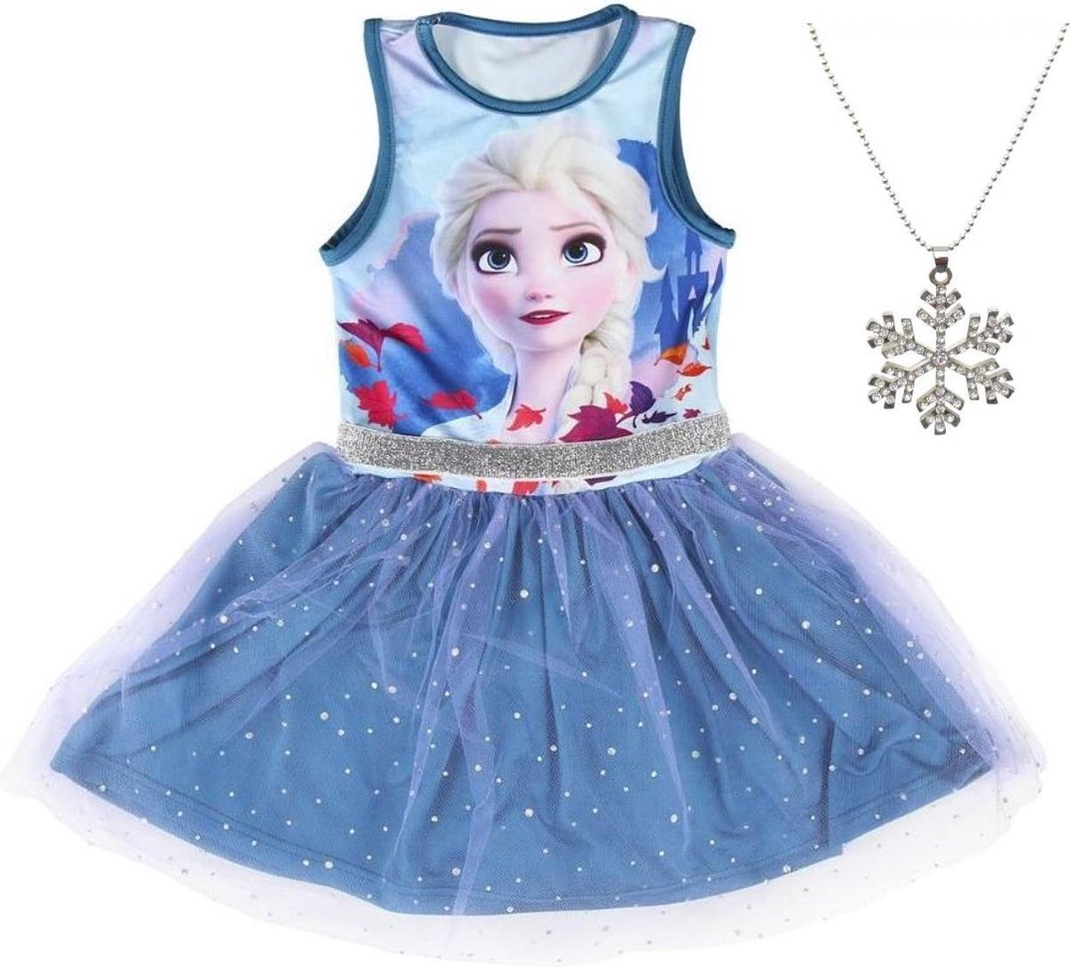 Disney Frozen 2 Elsa jurk verkleedjurk prinsessen jurk blauw 110-116 + Frozen ketting verkleedkleding