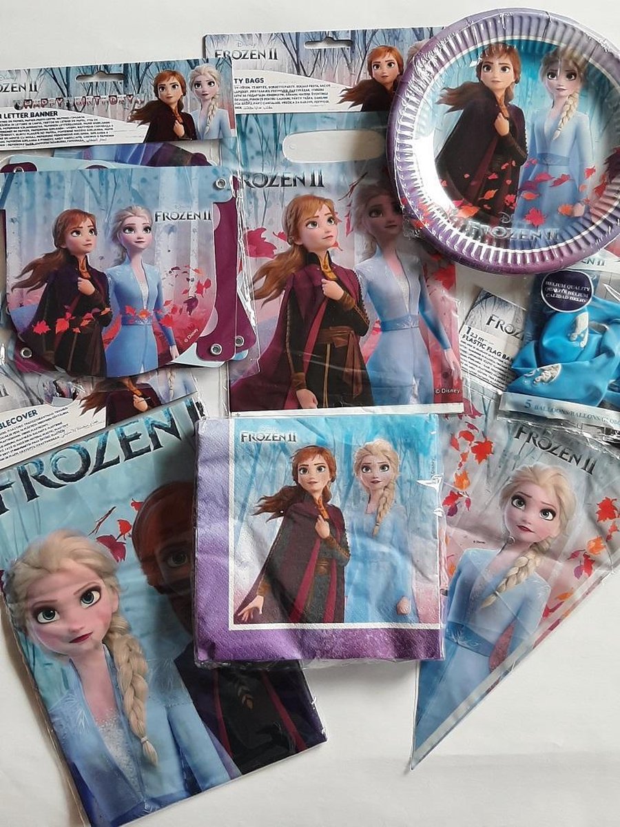 Disney Frozen Feestpakket - 7-delig: tafelkleed, vlaggenlijn, letterslinger, feestzakjes, bordjes, servetten, ballonnen voor een geslaagd verjaardagsfeestje