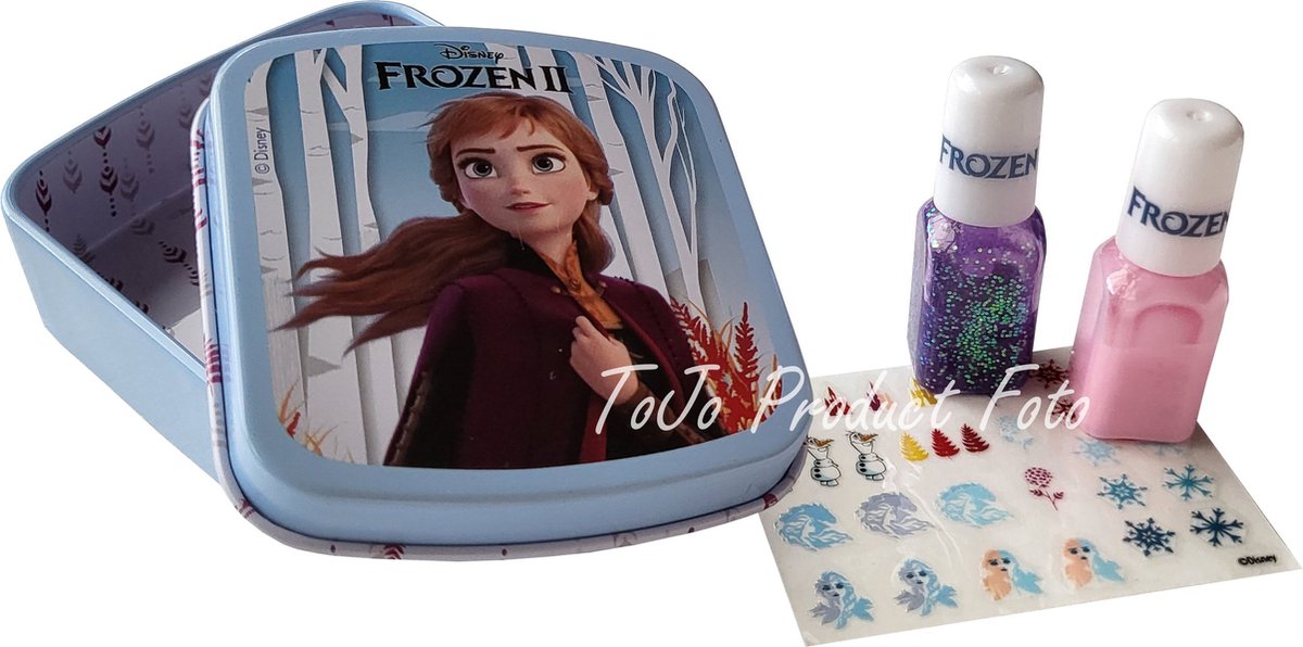 Disney Frozen nagellak - 2 kleine nagellakjes in blik met stickertjes voor de nagels - Anna - roze en paars met glitters - meisjes - manicure - kindernagellak - nagellak voor kinderen