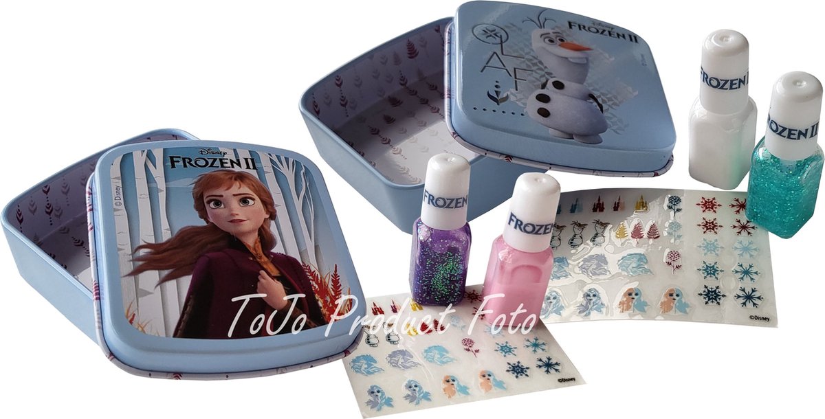 Disney Frozen nagellak - 4 kleine nagellakjes in 2 blikjes met stickertjes voor de nagels - Anna - Olaf - roze en paars met glitters - wit en blauw met glitters - meisjes - manicure - kindernagellak - nagellak voor kinderen