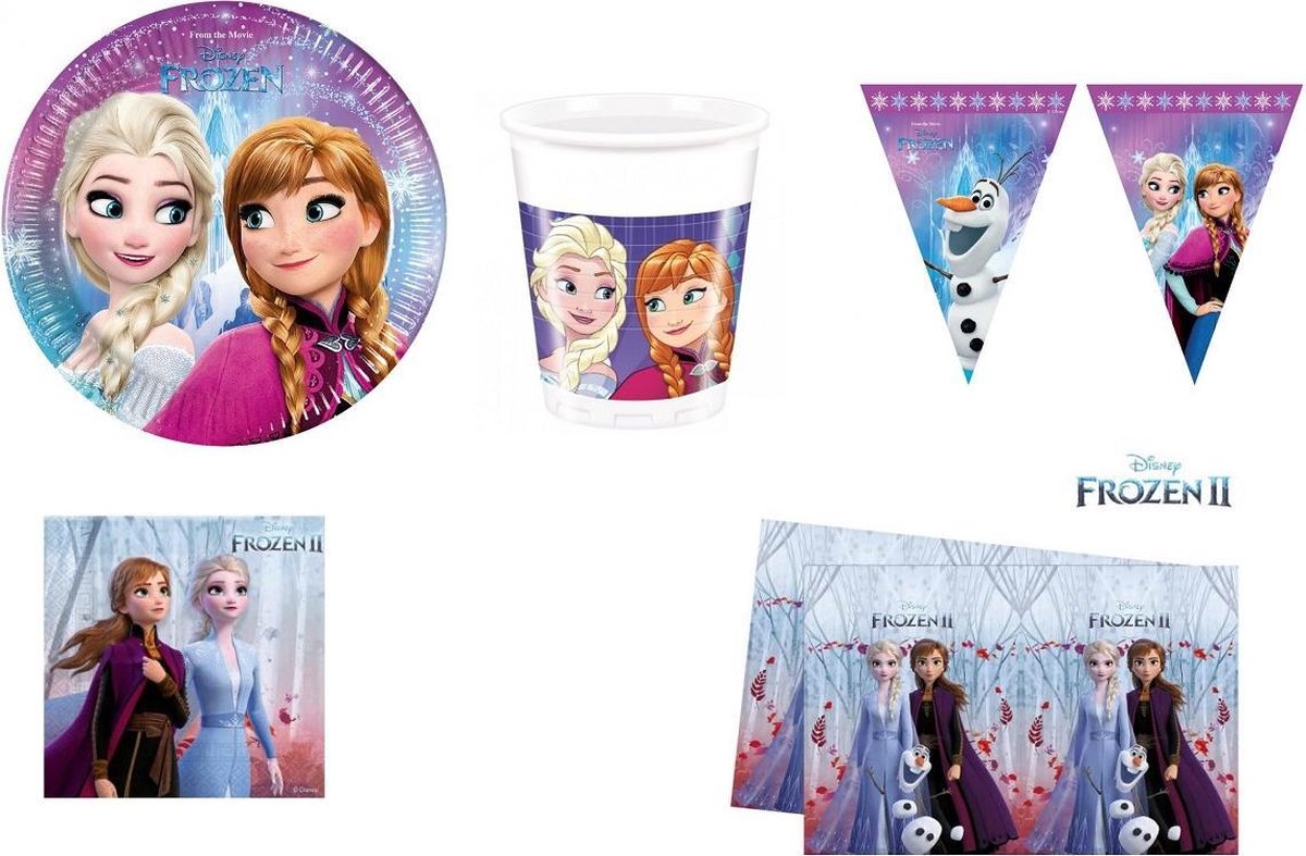 Frozen verjaardag versiering - borden / bekers / slinger / tafelkleed / servetten - Anna en Elsa kinderfeestje