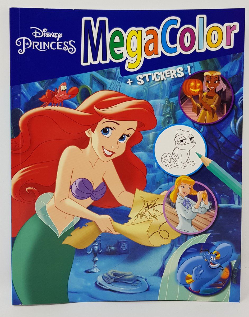 DISNEY - PRINCESS - MEGA COLOR - kleurboek met stickers - +/- 120 kleurplaten - kinderen - Ariël - Assepoester