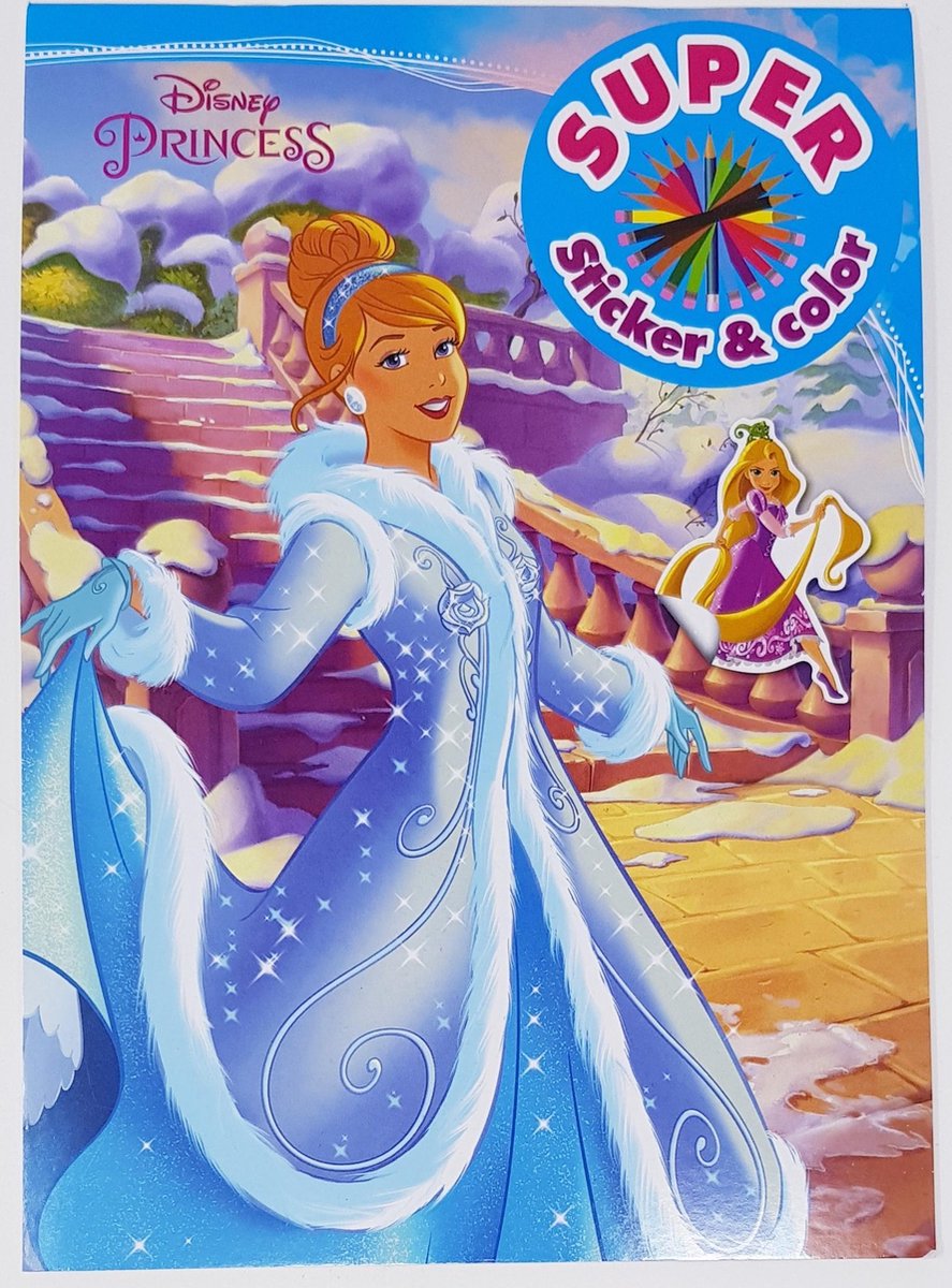 DISNEY - PRINCESS - SUPER - Kleurboek met stickers - Sticker&color - Assepoester - Rapunzel - Merida