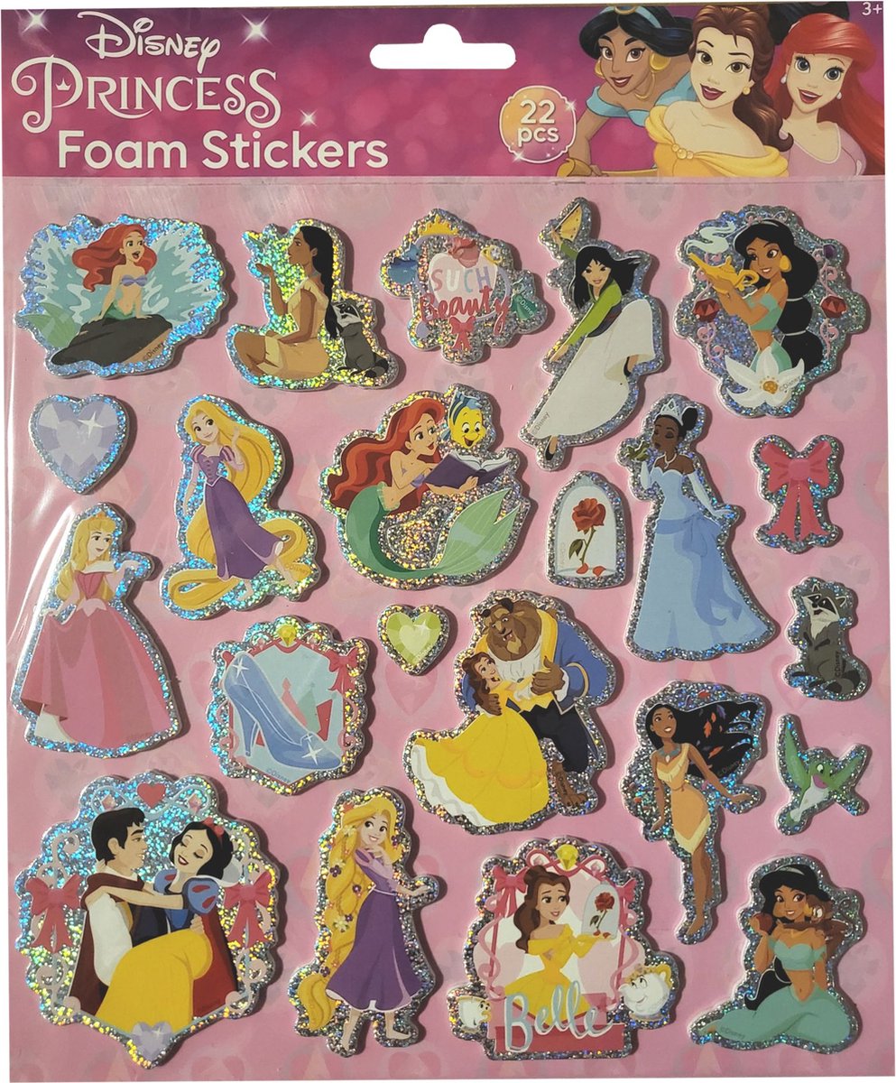 Disney Princess - Foam stickers 22 stuks met holografisch effect - roze - verjaardag - cadeau - kado - Sneeuwwitje - Rapunzel - Belle - Mulan - Pocahantas - Tiana - Jasmine - de Kleine zeemeermin - Prinsessen