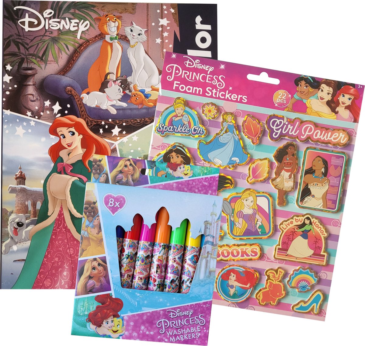 Disney Princess - Kleurboek - 32 paginas - 17 kleurplaten - met 8 uitwasbare stiften en 22 foam stickers - Belle -Disney figuren - prinsessen - jungle book - Aristo katten - knutselen - cadeau