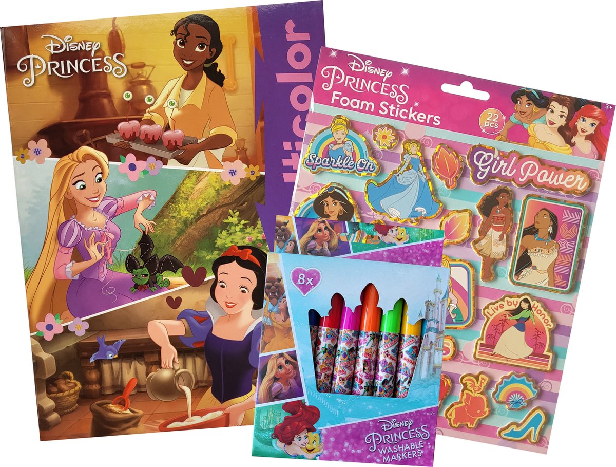 Disney Princess - Kleurboek - 32 paginas - 17 kleurplaten - met 8 uitwasbare stiften en 22 foam stickers - roze - goud - Rapunzel - Sneeuwwitje - Tiana - prinsessen - tangeled - knutselen - cadeau