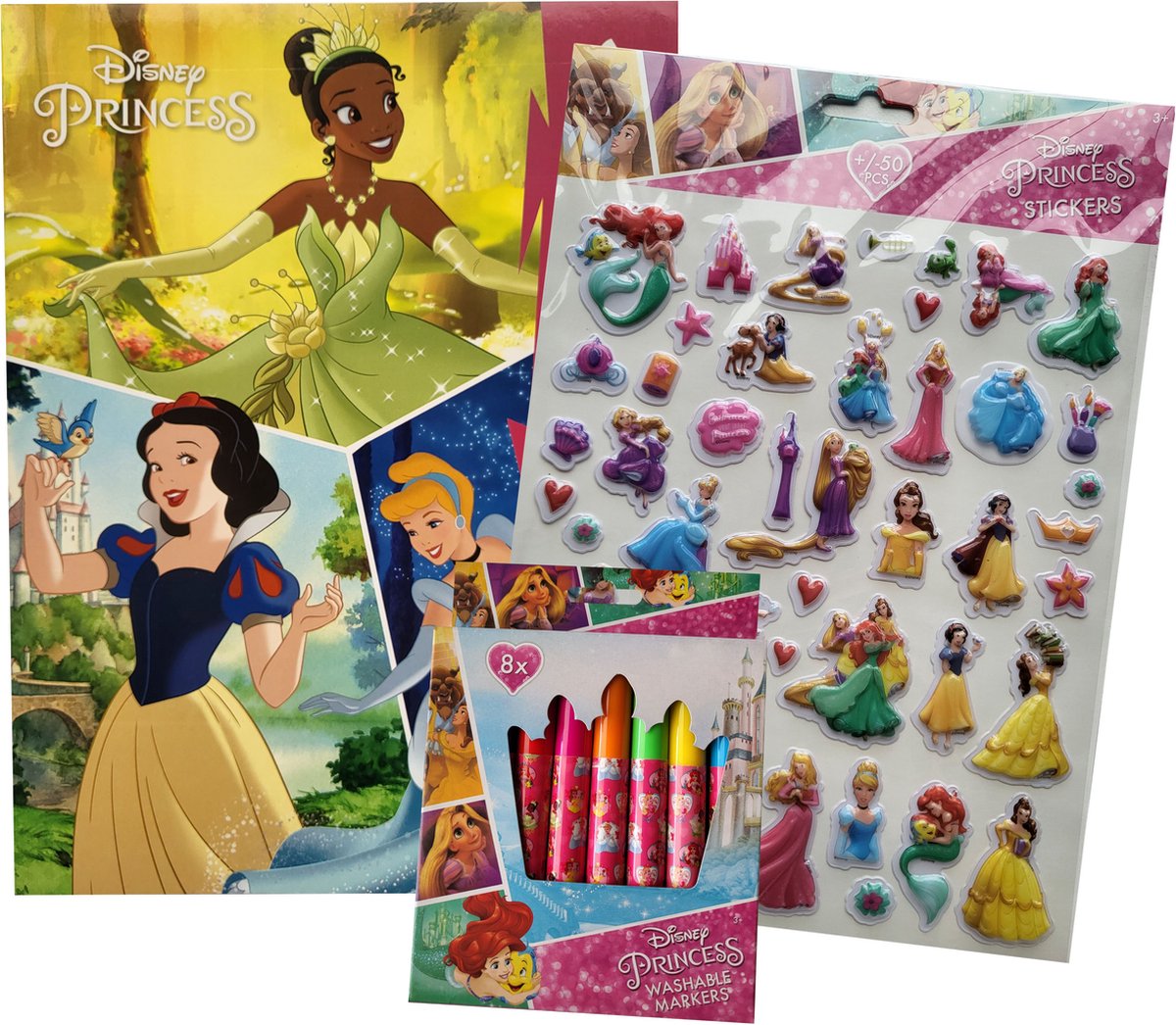 Disney Princess - Kleurboek - 32 paginas - 17 kleurplaten - met 8 uitwasbare stiften en 50 pop-up stickers - roze - goud - Assepoester - Sneeuwwitje - Tiana - prinsessen - knutselen - cadeau