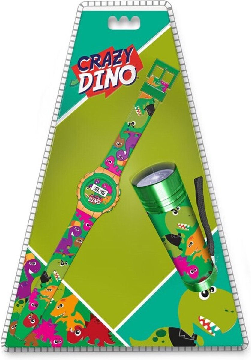 Crazy Dino Geschenkset met Zaklamp en digitaal Horloge in Blister - Groen