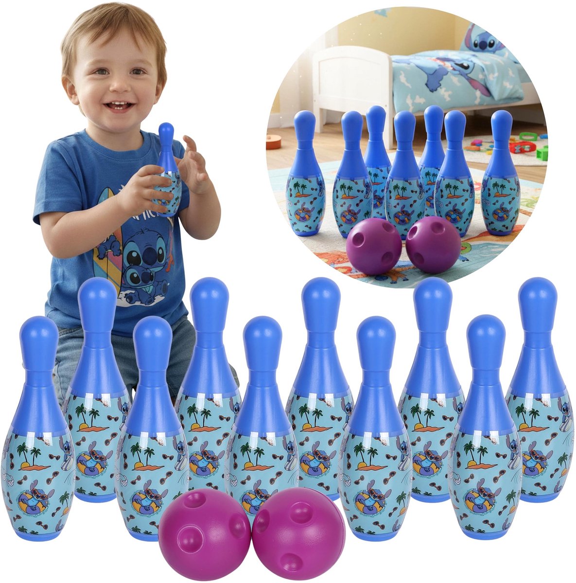 DISNEY Stitch MINI SET bowlen, BOWLING voor kinderen, behendigheidsspel, 10 PINNEN + 2 BALLEN, 3+