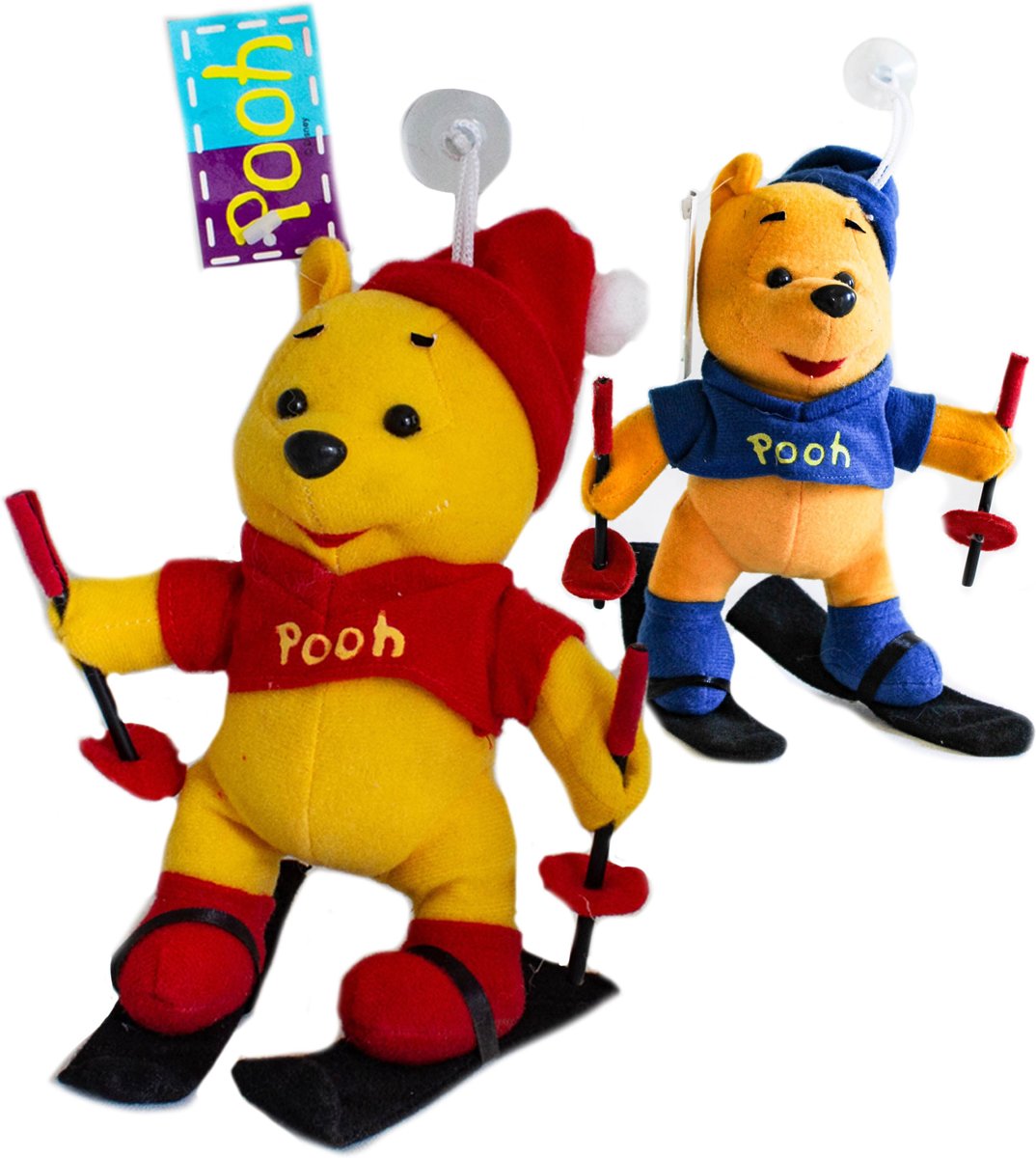 Disney - Winnie the Pooh - set van 2 Winnies in ski outfit (blauw en rood) met zuignap hangertje