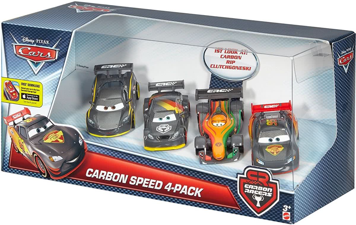 Disney Cars Carbon Racers 4-pack met Bliksem McQueen, Max Schnell, Roman Pedalski en Lewis Hamilton