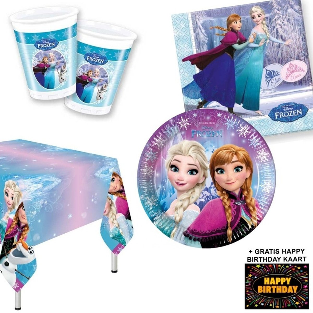 Disney Frozen Ligh kinderfeestje versiering tafel pakket 8 personen - Frozen tafelversiering + gratis happy birthday kaart