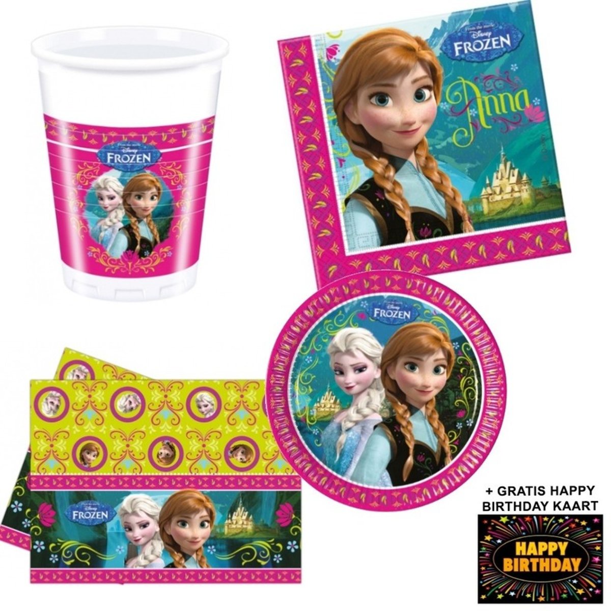 Disney Frozen kinderfeestje versiering tafel pakket 8 personen - Disney Frozen tafelversiering + gratis happy birthday kaart