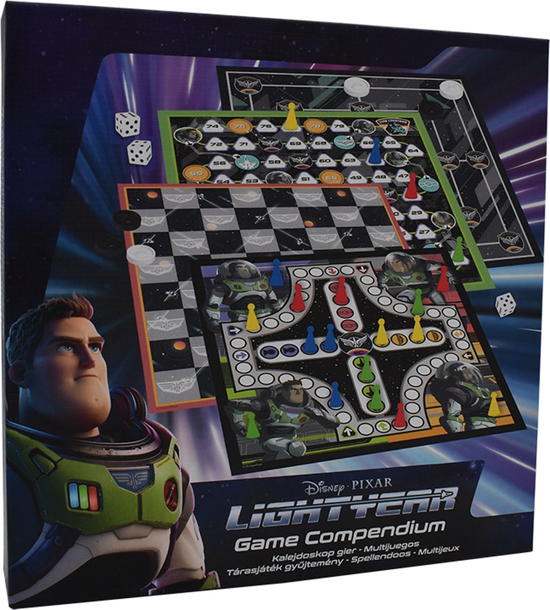   Lightyear - 4-in-1 Spellendoos - Molenspel - Dammen - Ludo (Mens-Erger-Je-Niet) - Kaartspel - Bordspel Verzameling - Game Compendium