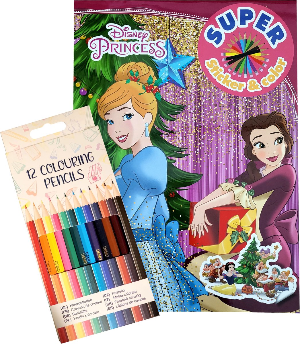 Disney Princess - prinsessen kleurboek met 16 kleurplaten - 1 stickervel met 16 stickers - 12 kleurpotloden - kleurblok - kerst - cadeau - Assepoester - Belle - Disney classics - Ariël - Brave - sneeuwwitje - schoenkado - sinterklaas - verjaardag