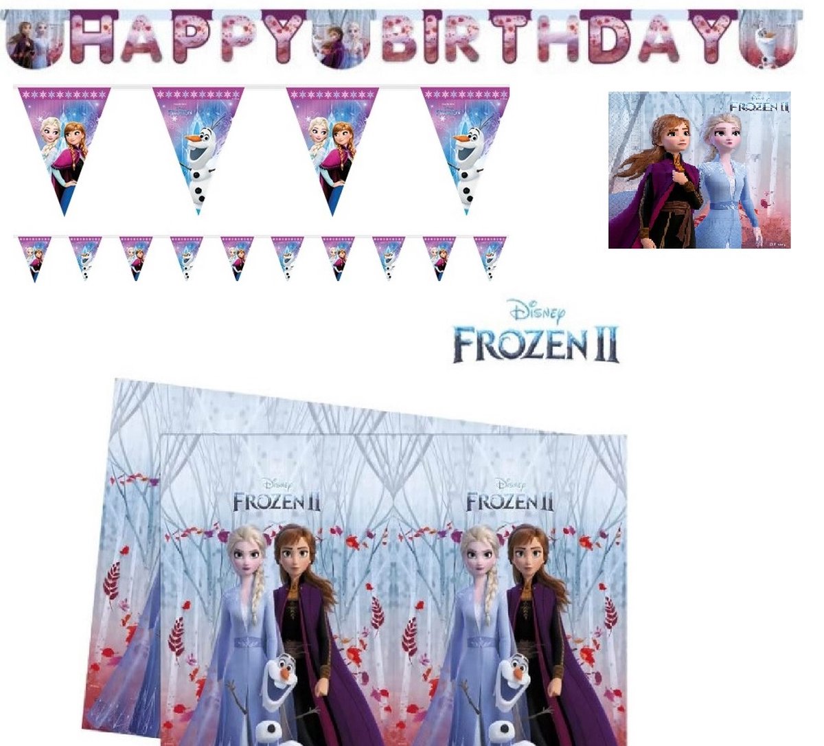 Frozen II verjaardagsversiering - tafelkleed met 2 soorten slingers en servetten - Frozen feestje