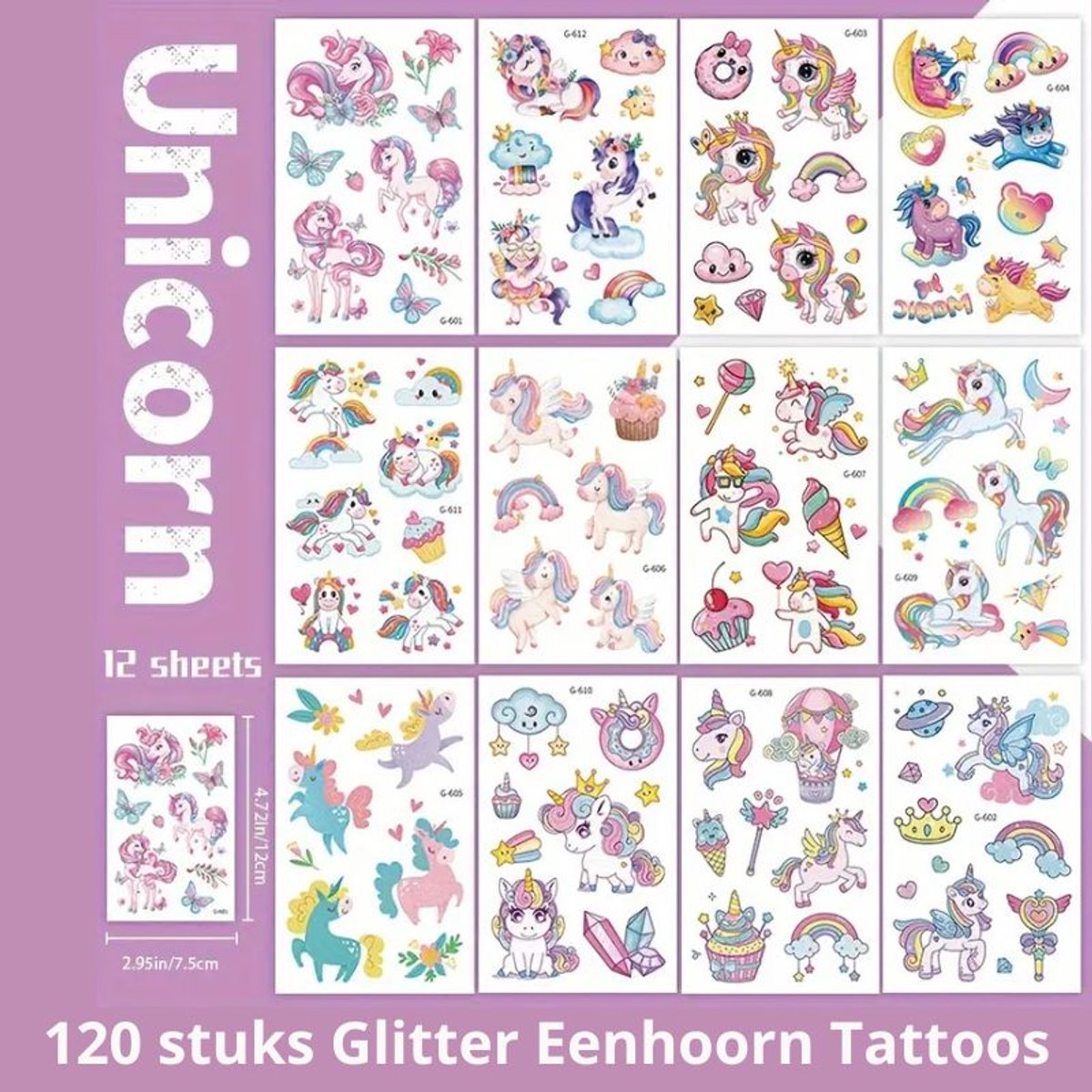 Glitter Tattoo Eenhoorn Set – 120x Tijdelijke Tattoos voor Meisjes – Unicorn Plak Tattoos & Tattoo Stickers – Temporary Glitter Tattoos
