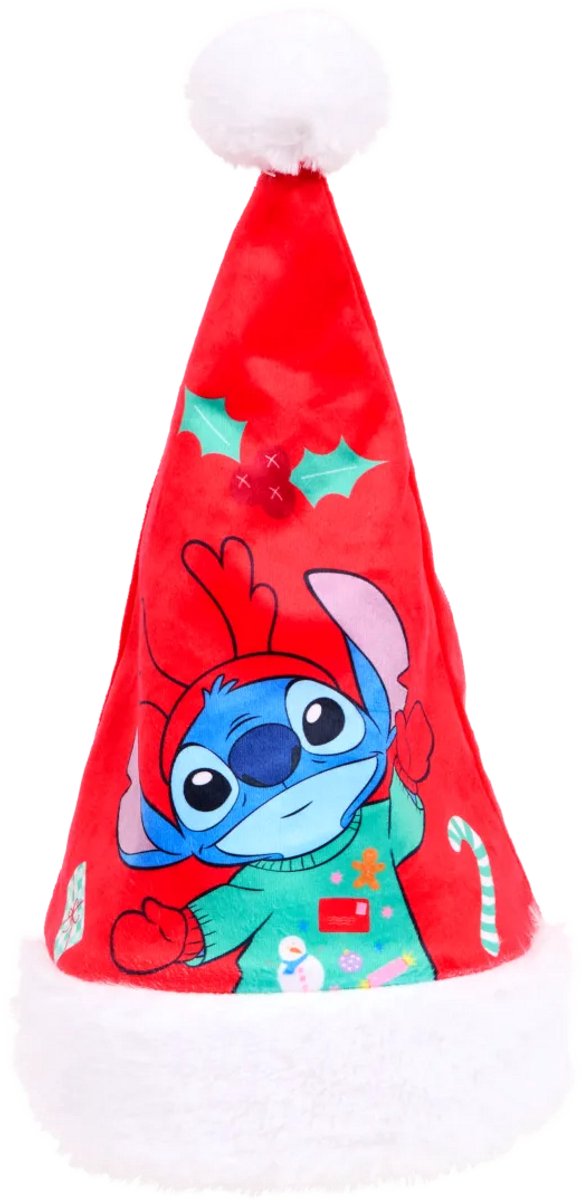 Kerstmuts   - Lilo & Stitch - rood met witte pompom - fluweel zachte stof - Stitch als rendier