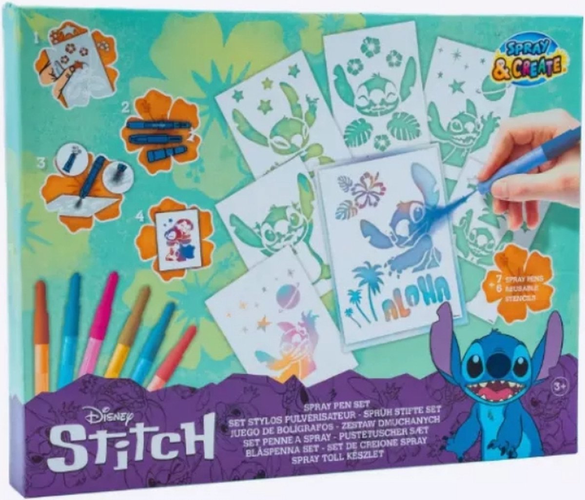 Stitch Spray Pen Set -   - Blaasstiften voor Kids - 7 Blaasstiften - Voor Jongens & Meisjes - Kleurstiften voor Kinderen - Tekenset met Gekleurde Pennen en Teken Sjablonen - Hoge Kwaliteit - Creatief met Speelgoed