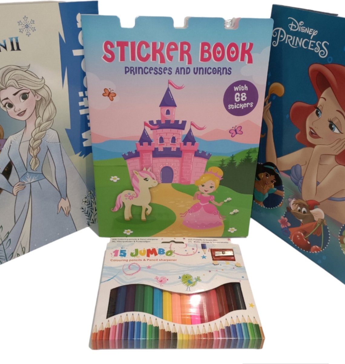 VEELKLEURIGE BOEKENSET BEVAT TWEE VEELKLEURIGE FIGUURBOEKJES/ EEN STICKERBOEK EN EEN/ KLEURPOTLODENSET LEUK VOOR JE KINDEREN OP VAKANTIE/ KIES JE FAVORIETE SET