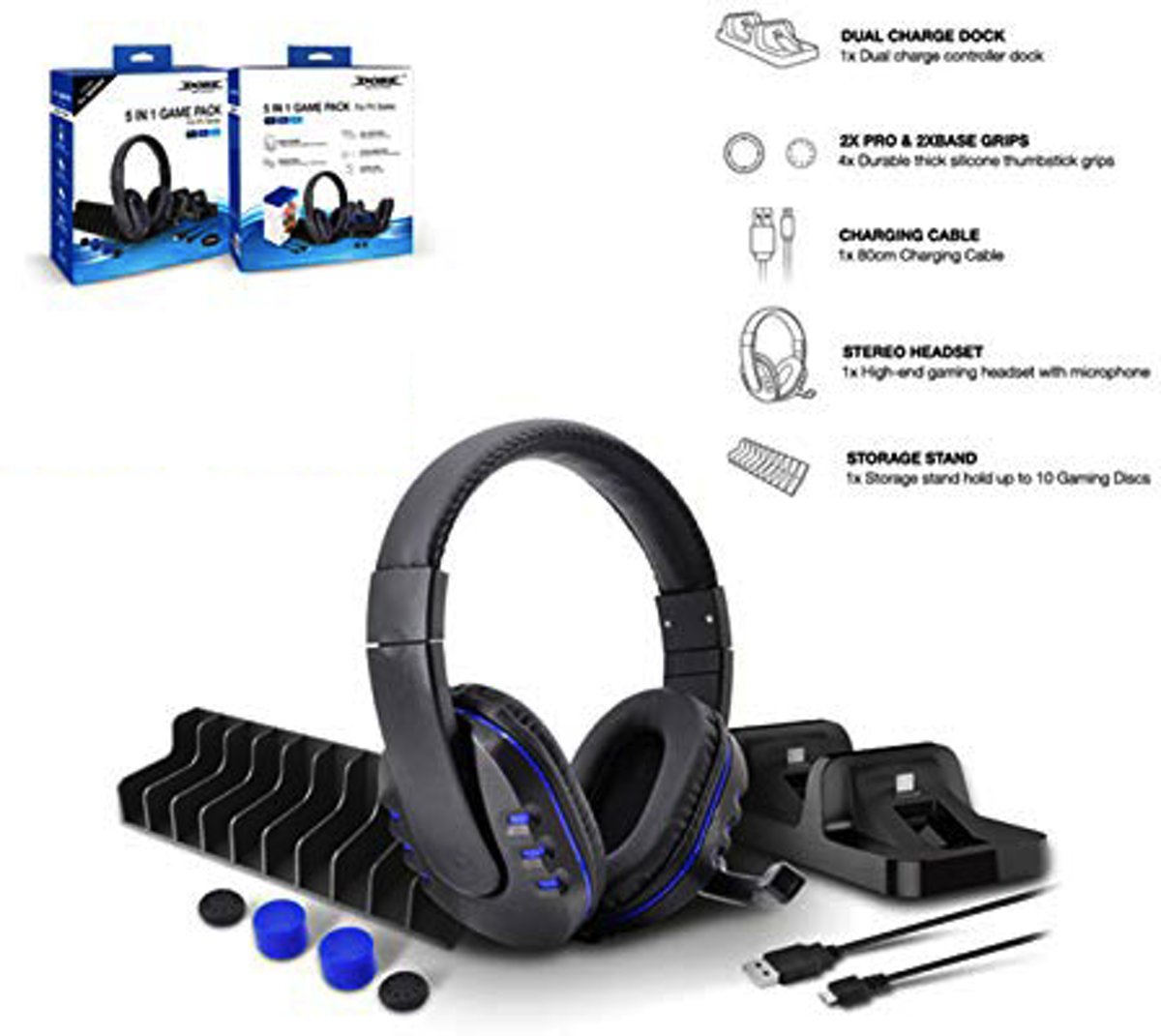 Luxe 5 in 1 Gaming Set voor PlayStation 4 – Headset, Stand, Oplaadstation en Grip voor PS4 Slim en Pro