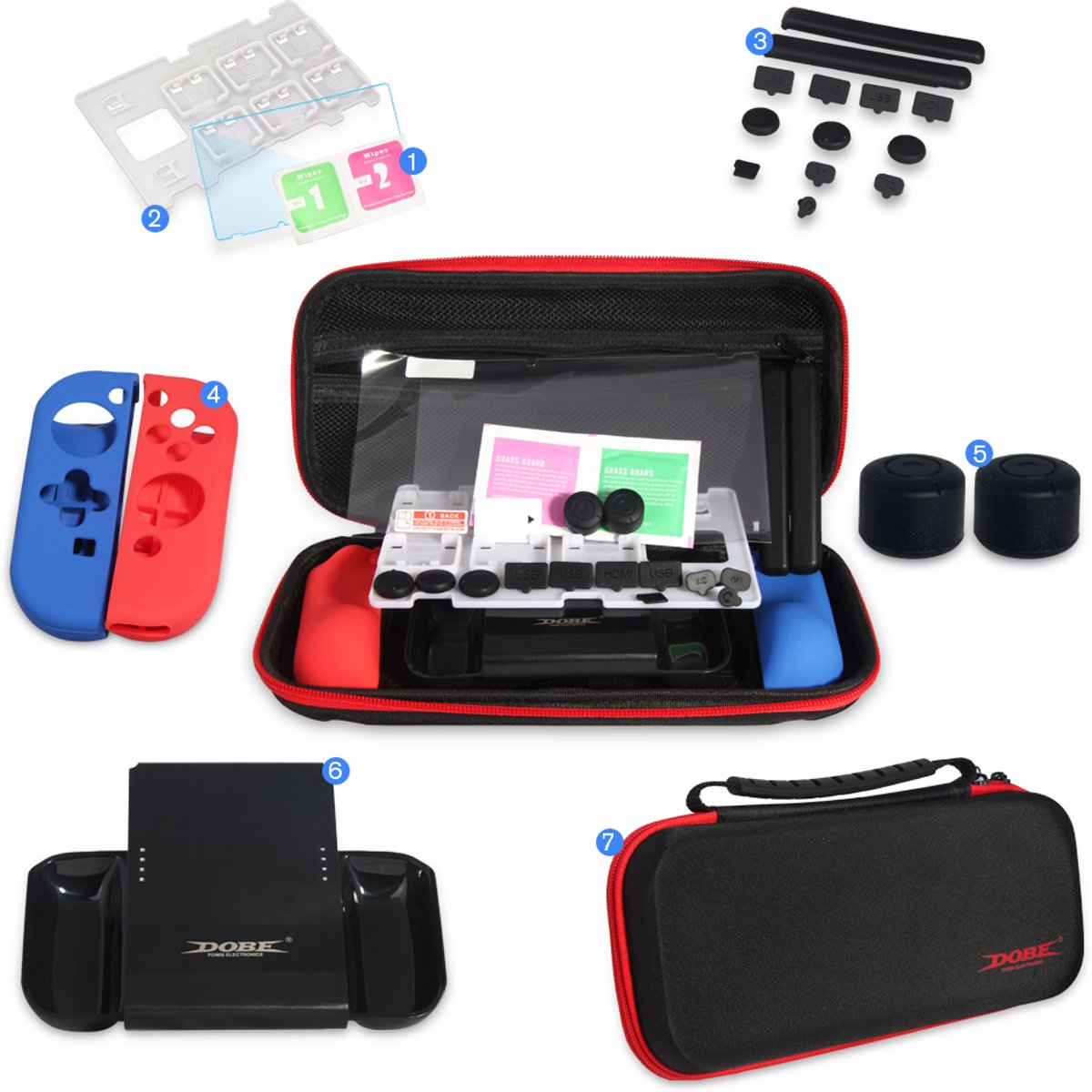 Nintendo Switch Accessoires Set - Opberghoes met Siliconen Hoesjes - Screenprotector – Game Card Case - Grip Joy-Con