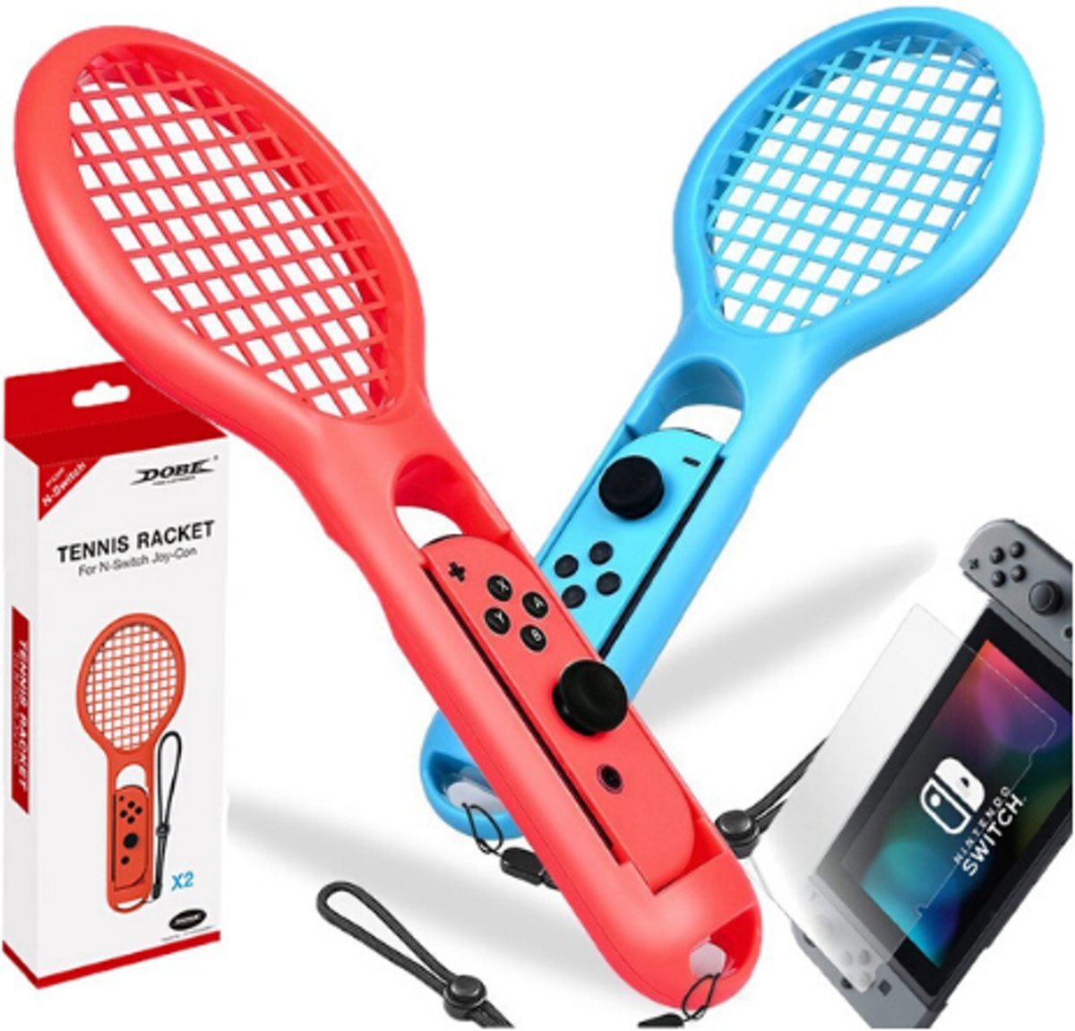 Tennisracket Set (2x) voor Nintendo Switch Joy-Con controller - Steel Play – Rood/Blauw