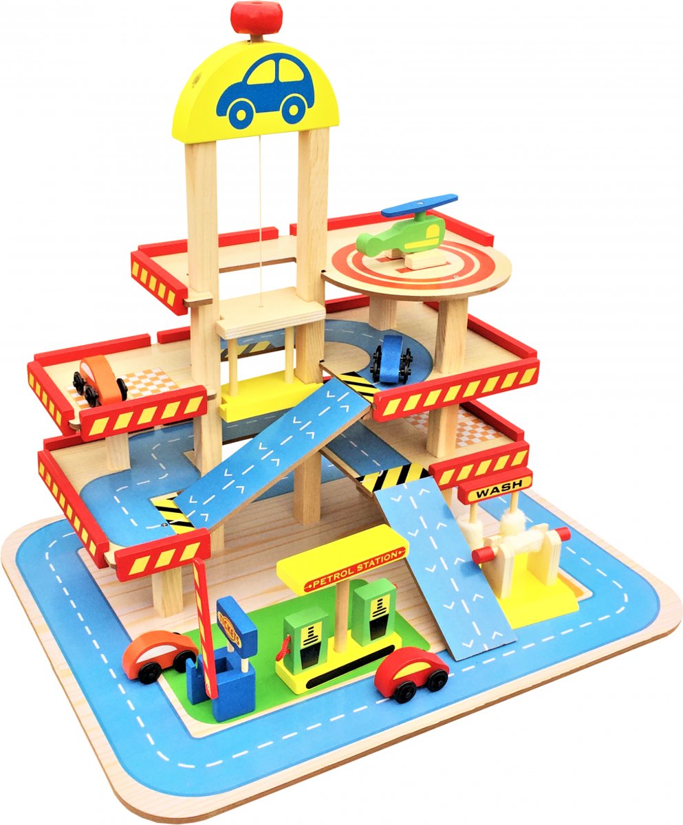 Dodo Toys Houten Speelgoed Garage - Met Lift - Hout Parkeergarage - Set met autos en wasstraat